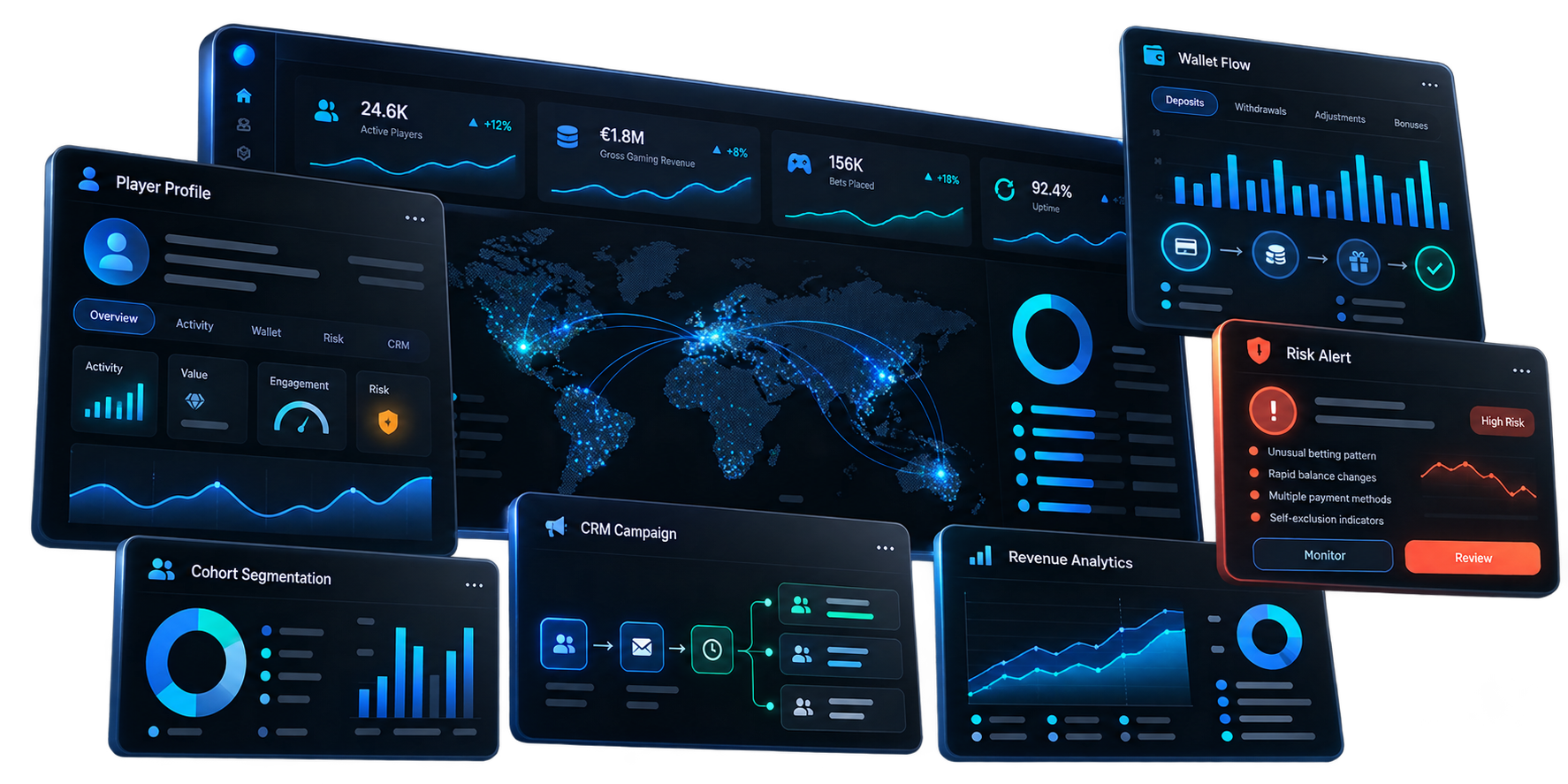 Conceptual iGaming back-office, player management and operational analytics surfaces