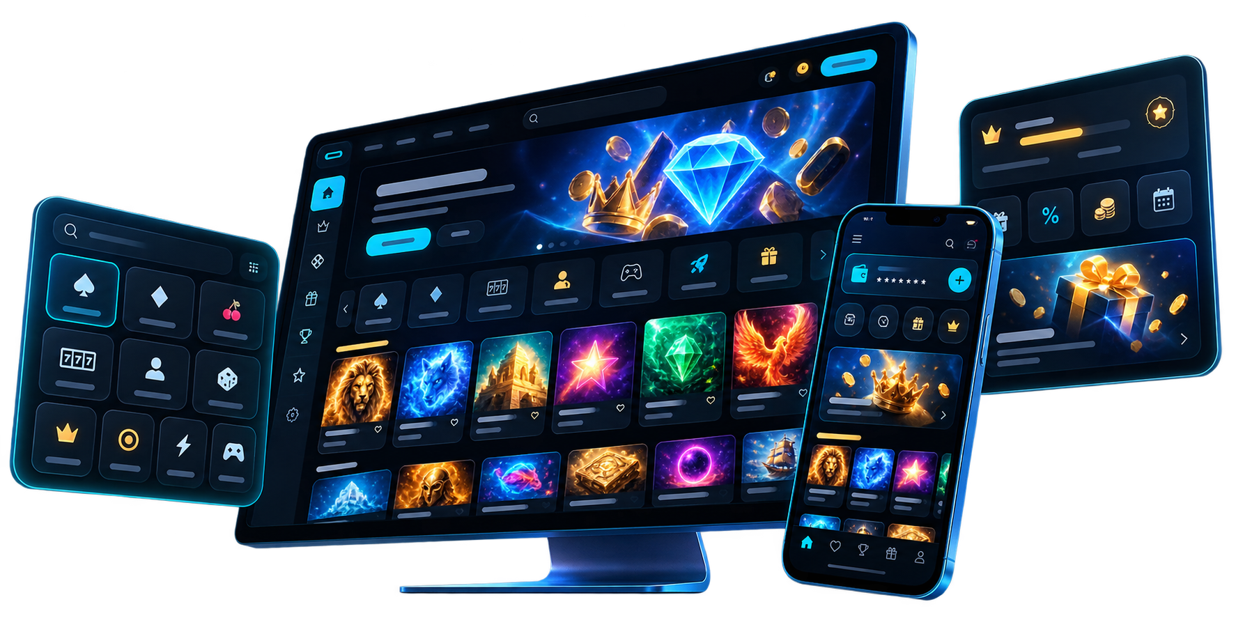 Conceptual casino platform across desktop and mobile product surfaces